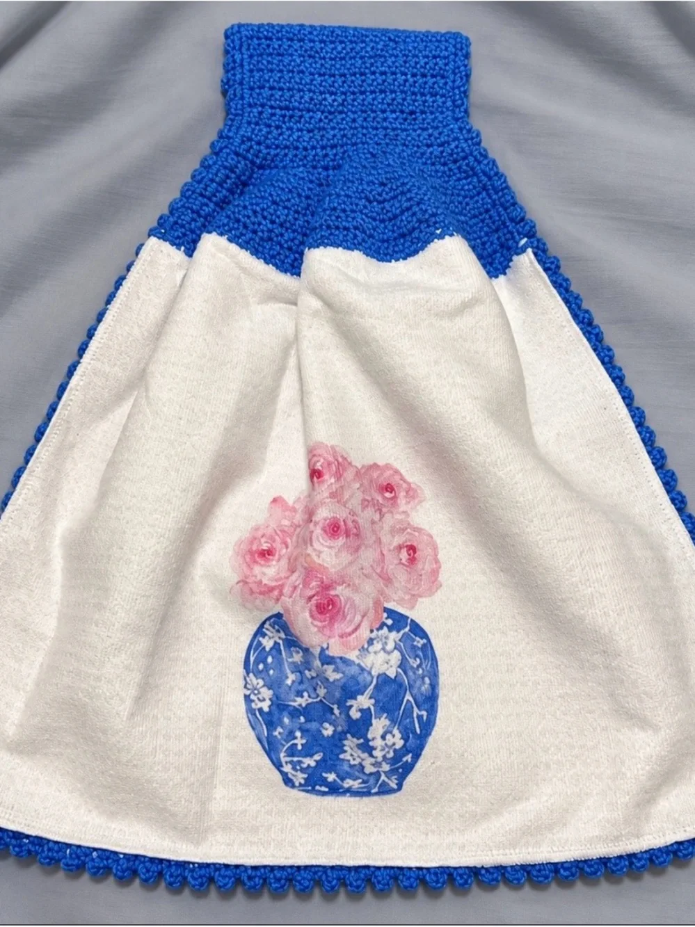 Handmade Crochet Hanging Kitchen Towel Chinoiserie Blue White Roses